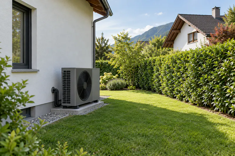 Außengerät einer Wärmepumpe mit Abstand zum Nachbargrundstück