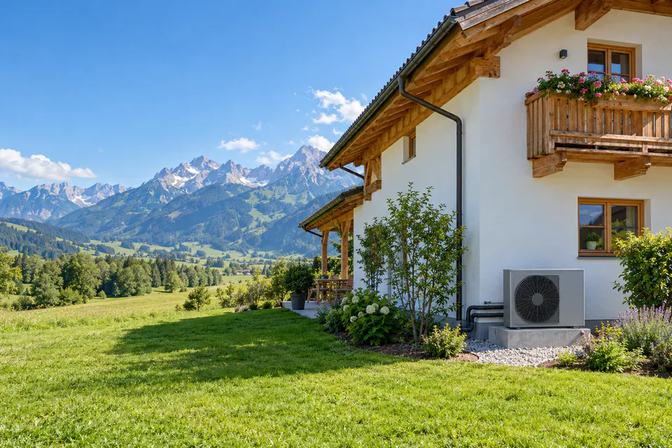 Wohnhaus in Österreich mit Wärmepumpe im Garten und Bergen im Hintergrund
