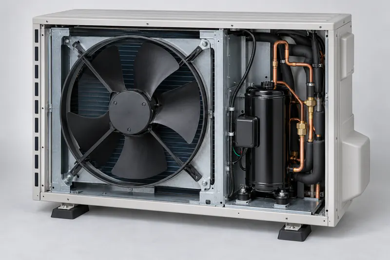 Geöffnete Wärmepumpe mit Verdichter, Wärmetauscher und Ventilator